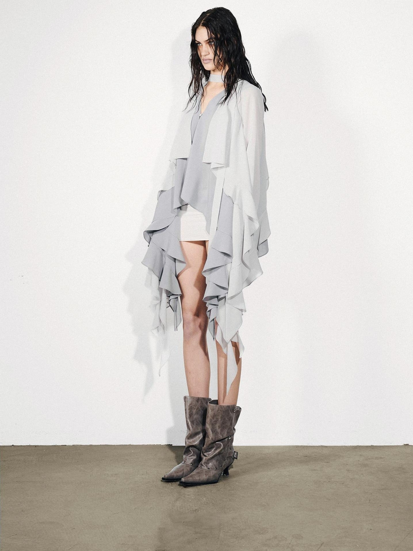 NORTH NODE Feathered Patchwork Asymmetric Layered Ruffle Women&