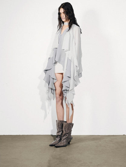 NORTH NODE Feathered Patchwork Asymmetric Layered Ruffle Women&
