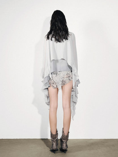 NORTH NODE Feathered Patchwork Asymmetric Layered Ruffle Women&