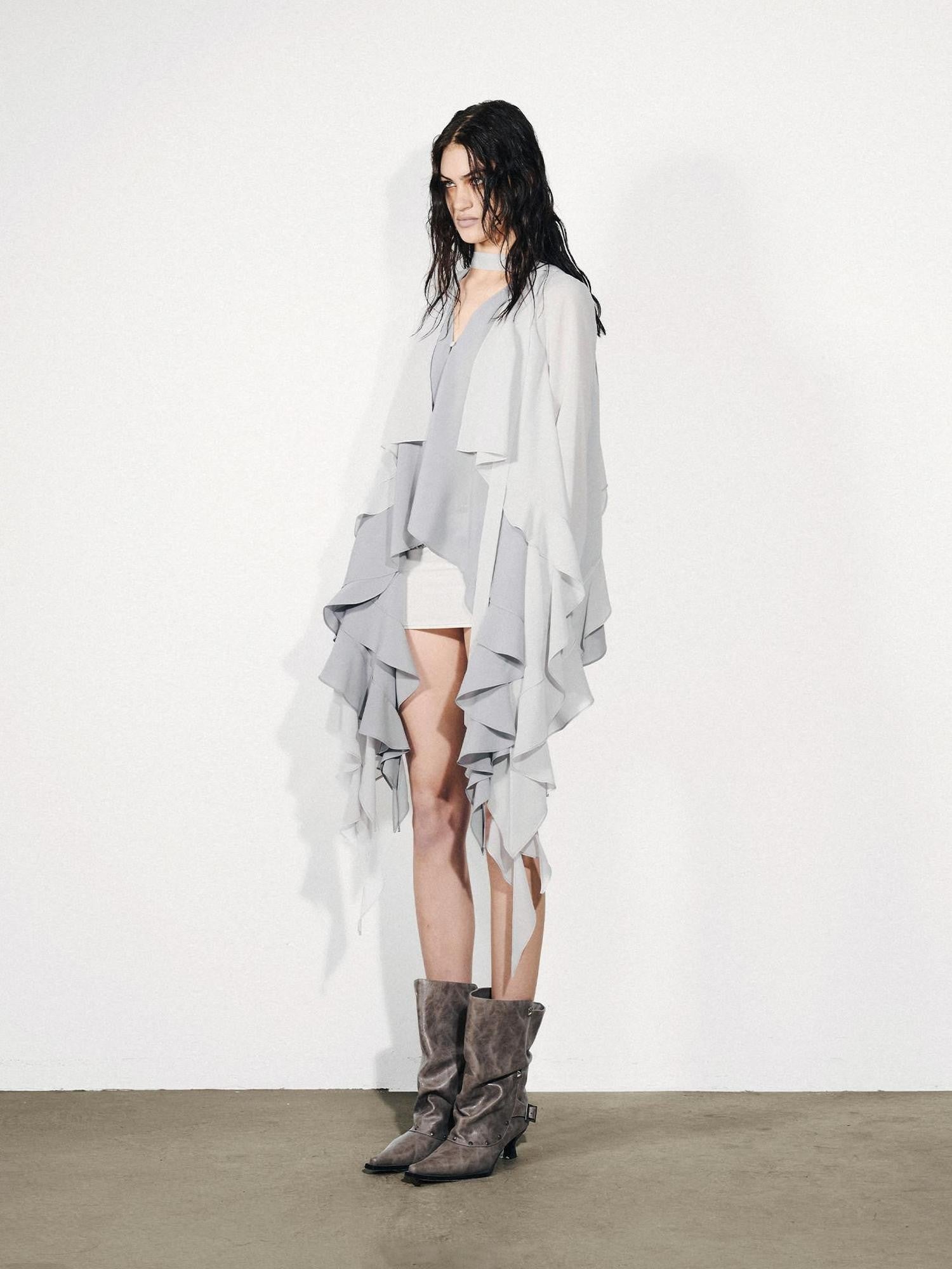 NORTH NODE Feathered Patchwork Asymmetric Layered Ruffle Women&