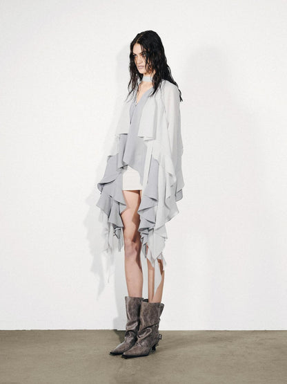 NORTH NODE Feathered Patchwork Asymmetric Layered Ruffle Women&