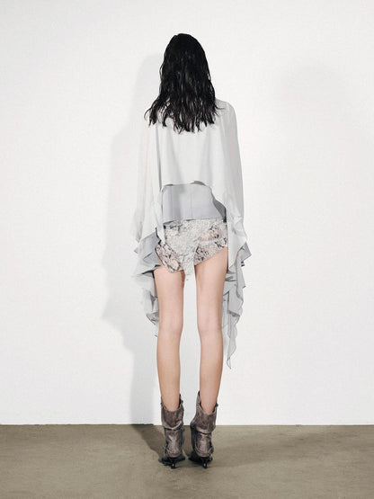 NORTH NODE Feathered Patchwork Asymmetric Layered Ruffle Women&