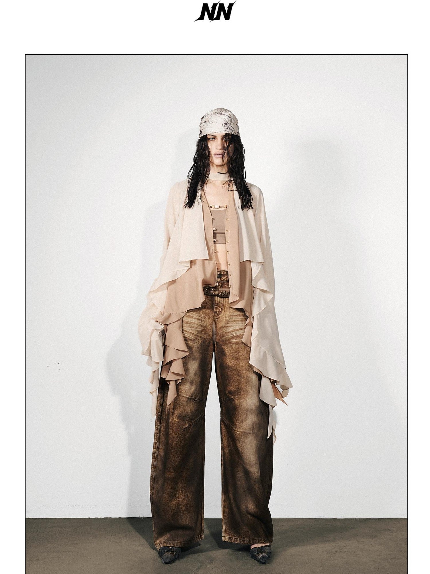 NORTH NODE Feathered Patchwork Asymmetric Layered Ruffle Women&
