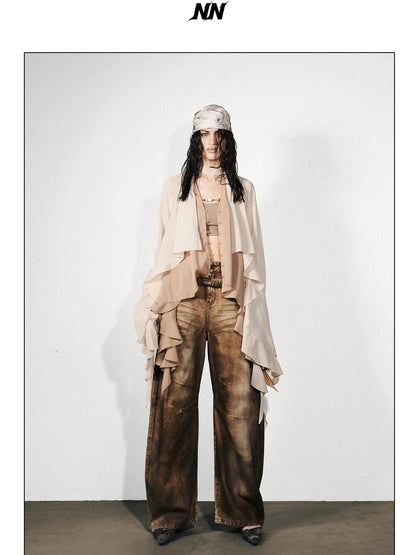 NORTH NODE Feathered Patchwork Asymmetric Layered Ruffle Women&
