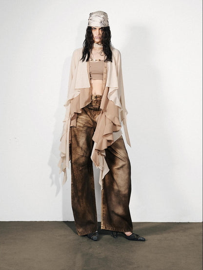 NORTH NODE Feathered Patchwork Asymmetric Layered Ruffle Women&