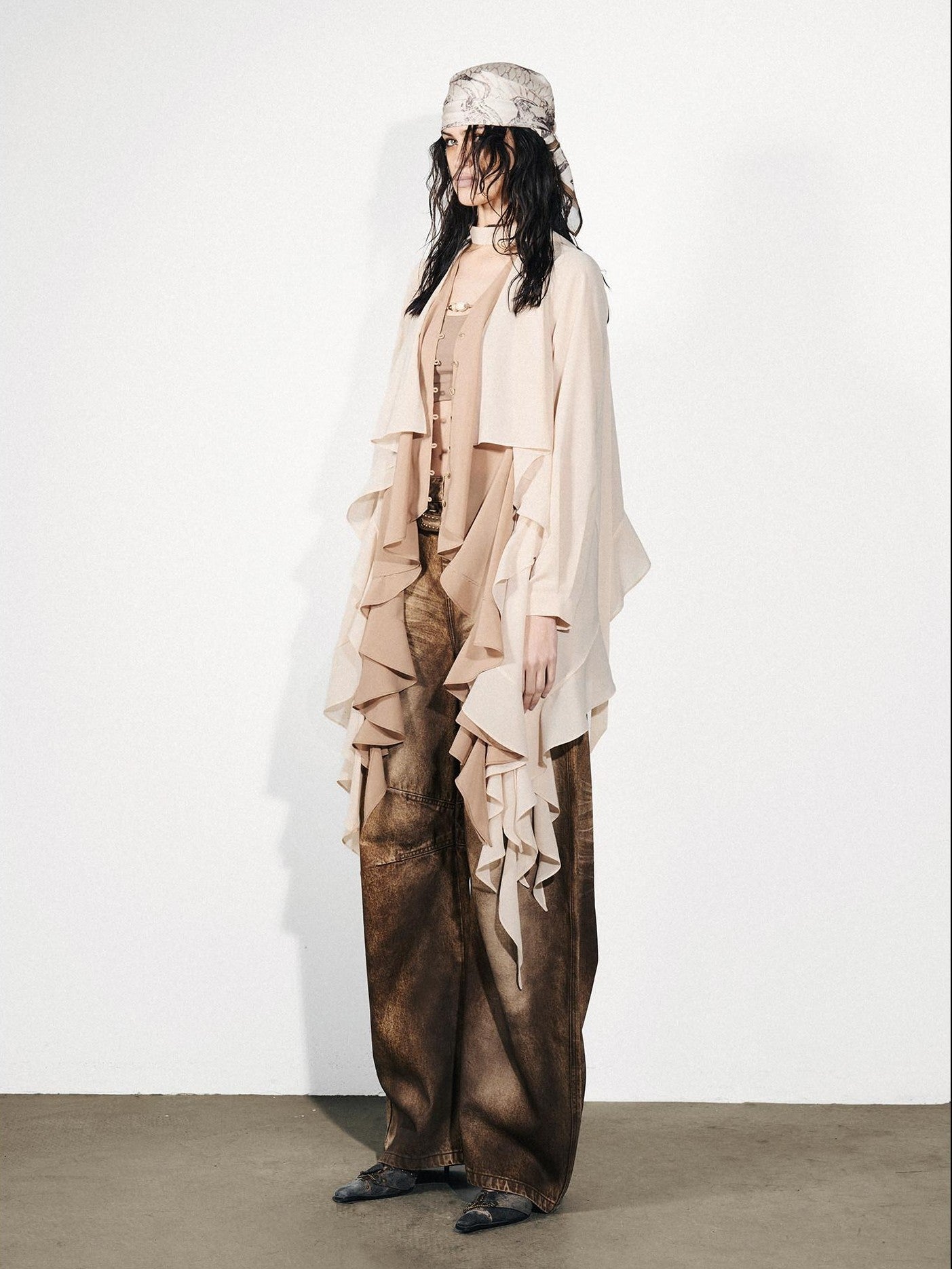 NORTH NODE Feathered Patchwork Asymmetric Layered Ruffle Women&