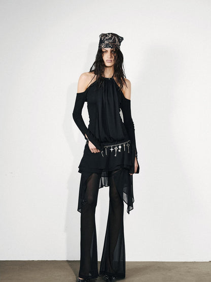 NORTH NODE Figure Slimming Draped Ruffle Hem Micro Flare Women&