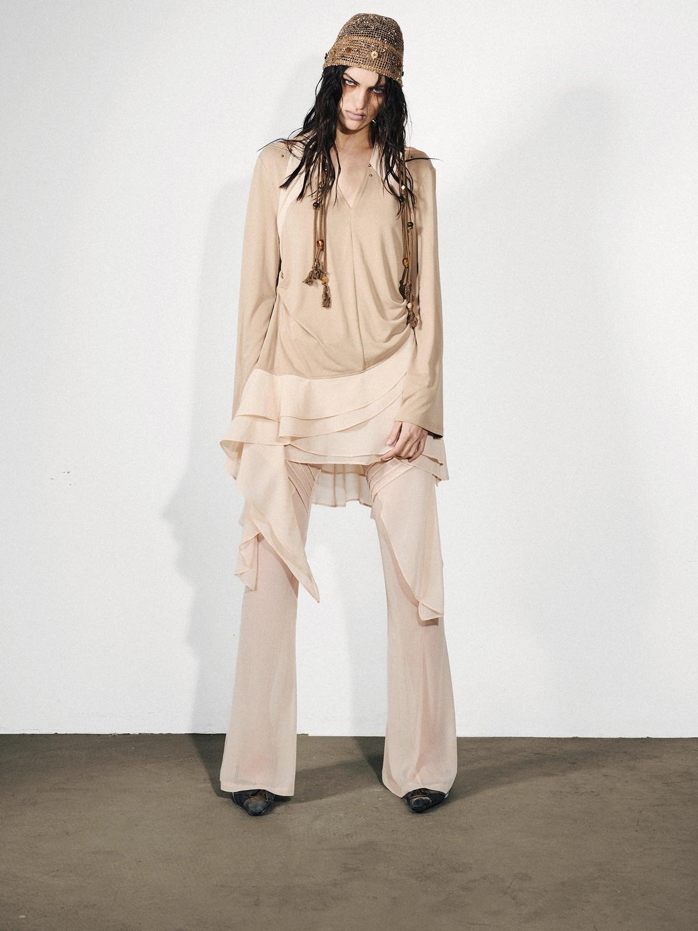 NORTH NODE Figure Slimming Draped Ruffle Hem Micro Flare Women&