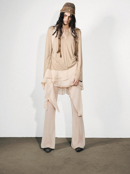 NORTH NODE Figure Slimming Draped Ruffle Hem Micro Flare Women&