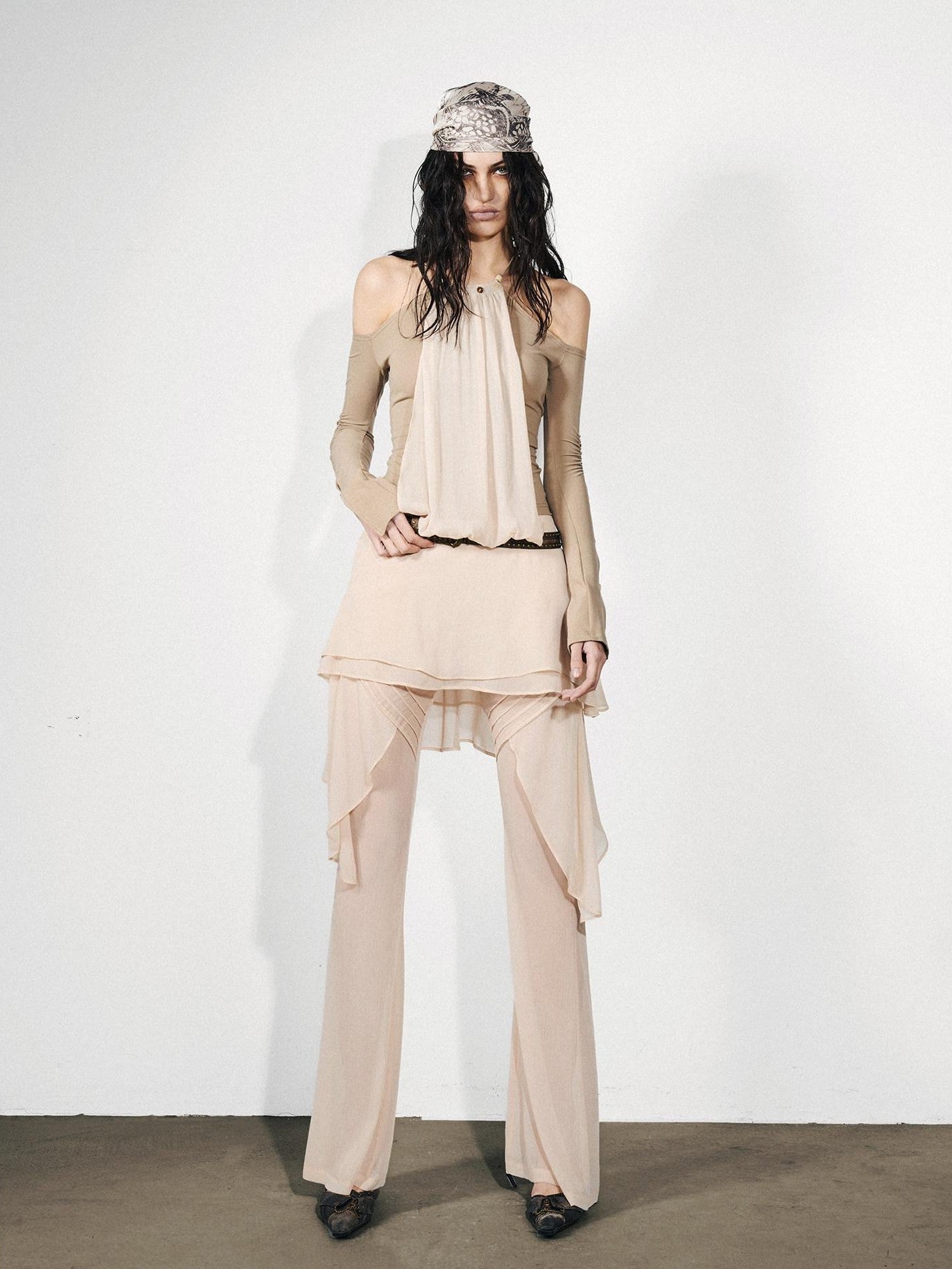 NORTH NODE Figure Slimming Draped Ruffle Hem Micro Flare Women&