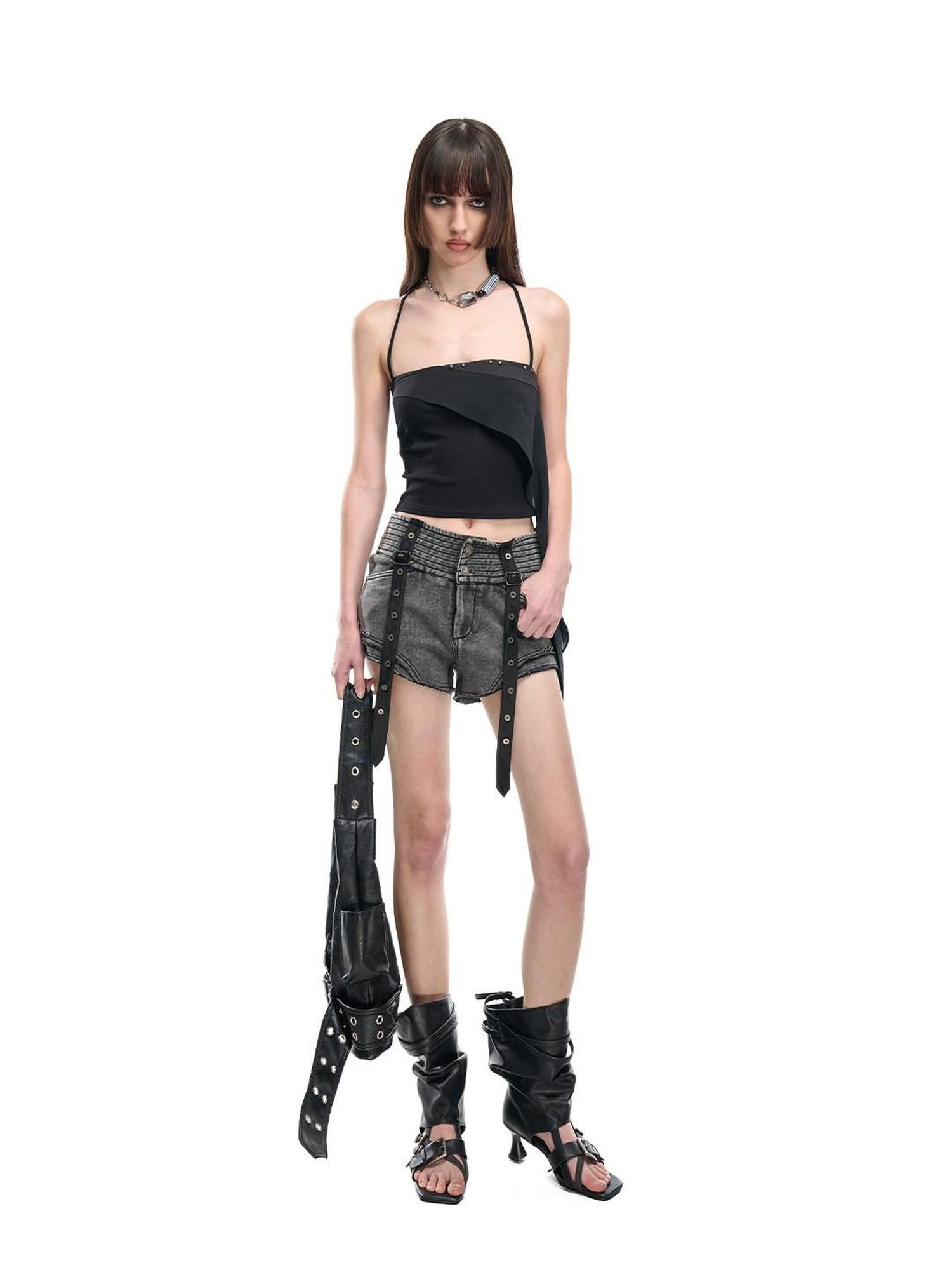 NORTH NODE Floating Patchwork Studded Ruffle Trim Spaghetti Strap Women&