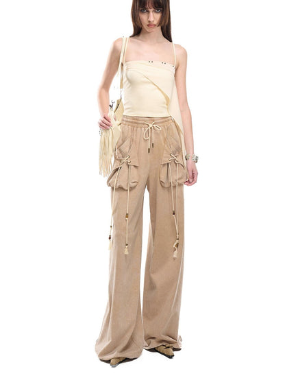 NORTH NODE Floating Patchwork Studded Ruffle Trim Spaghetti Strap Women&