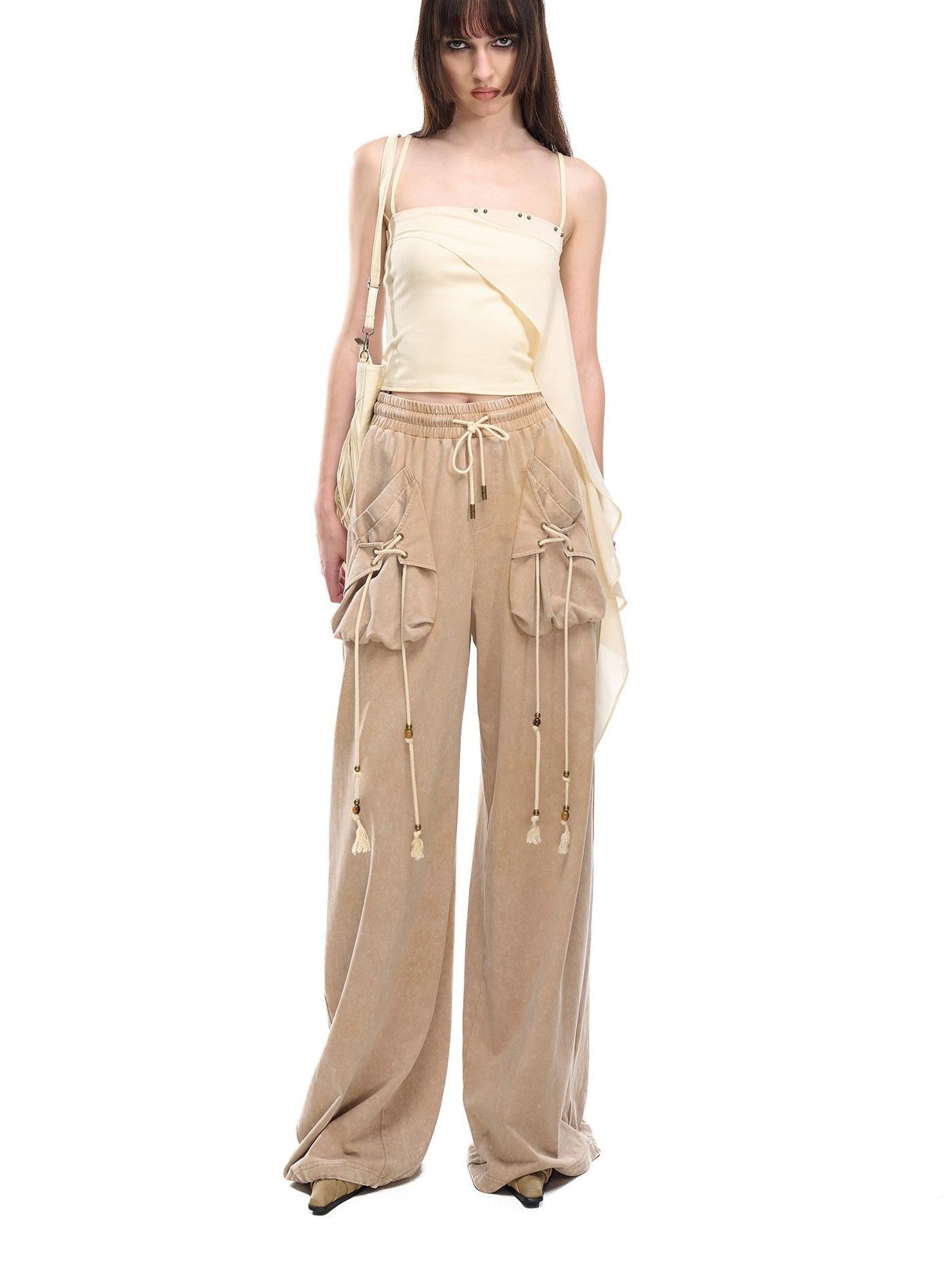 NORTH NODE Floating Patchwork Studded Ruffle Trim Spaghetti Strap Women&