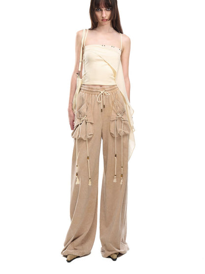 NORTH NODE Floating Patchwork Studded Ruffle Trim Spaghetti Strap Women&