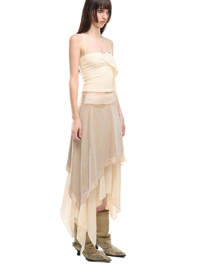 NORTH NODE Floating Patchwork Studded Ruffle Trim Spaghetti Strap Women&