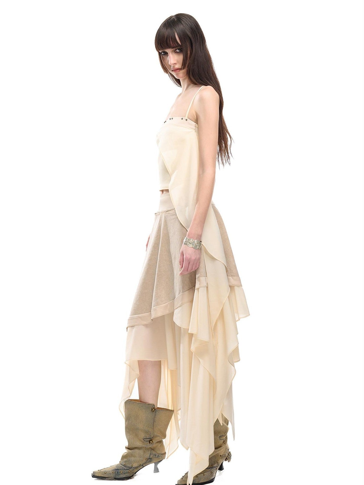 NORTH NODE Floating Patchwork Studded Ruffle Trim Spaghetti Strap Women&