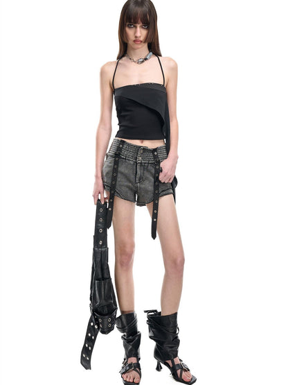 NORTH NODE Floating Patchwork Studded Ruffle Trim Spaghetti Strap Women&