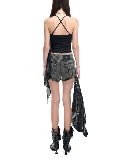 NORTH NODE Floating Patchwork Studded Ruffle Trim Spaghetti Strap Women&