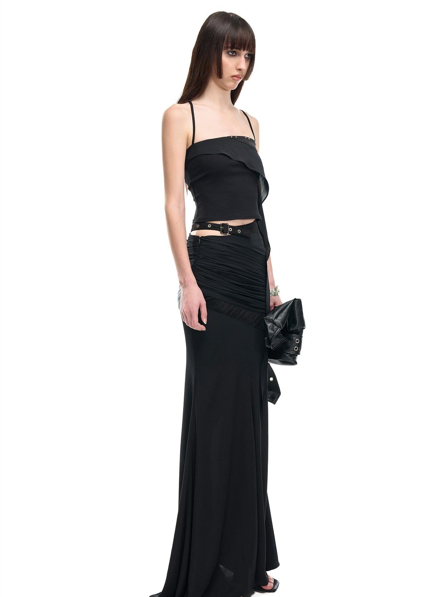 NORTH NODE Floating Patchwork Studded Ruffle Trim Spaghetti Strap Women&