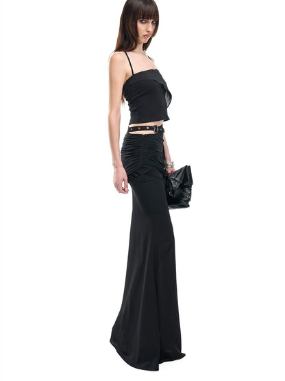 NORTH NODE Floating Patchwork Studded Ruffle Trim Spaghetti Strap Women&