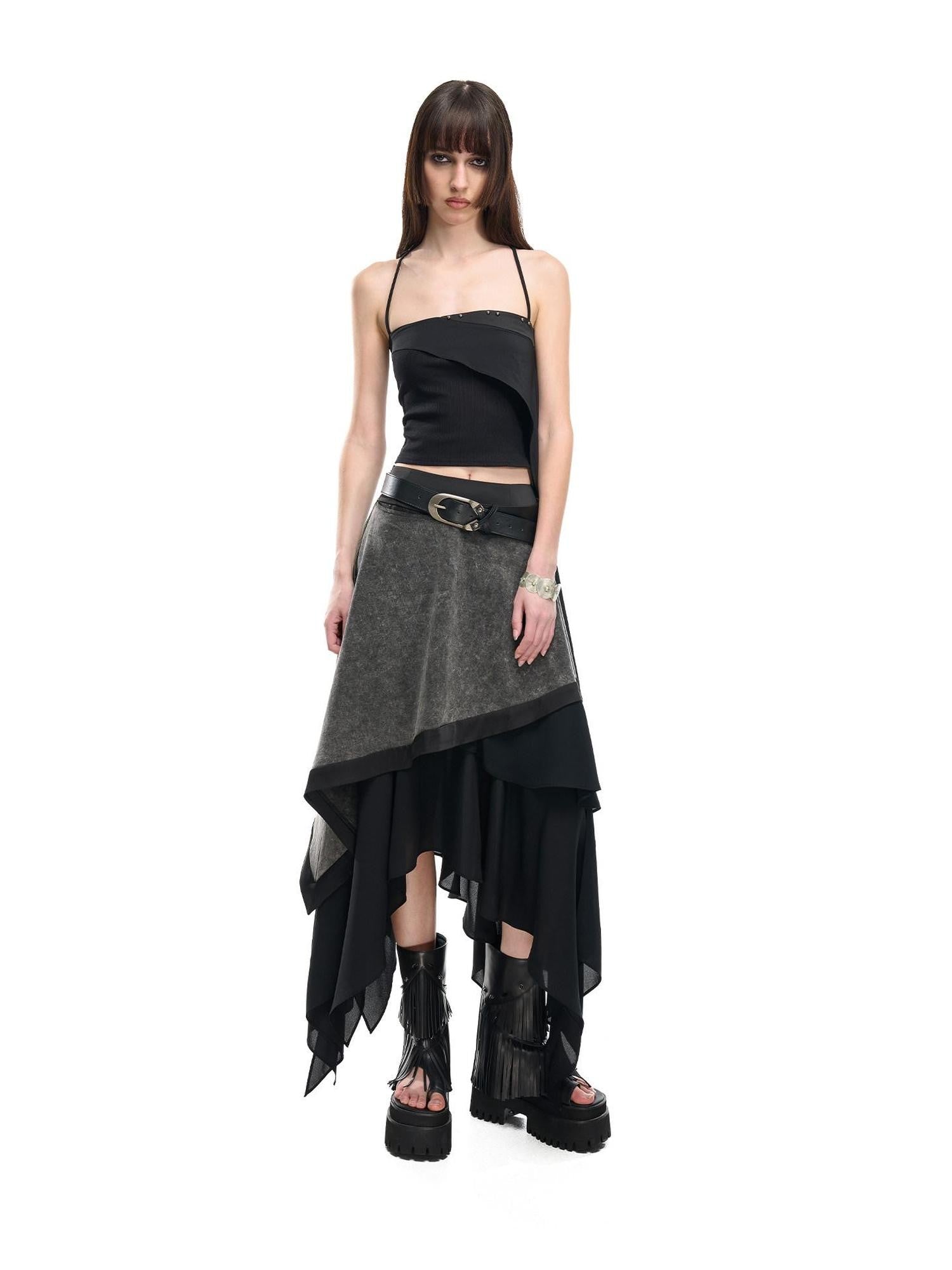NORTH NODE Floating Patchwork Studded Ruffle Trim Spaghetti Strap Women&