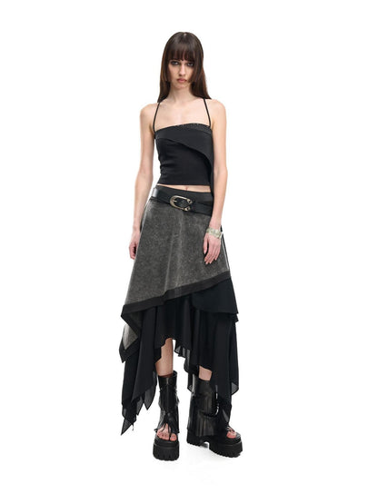 NORTH NODE Floating Patchwork Studded Ruffle Trim Spaghetti Strap Women&