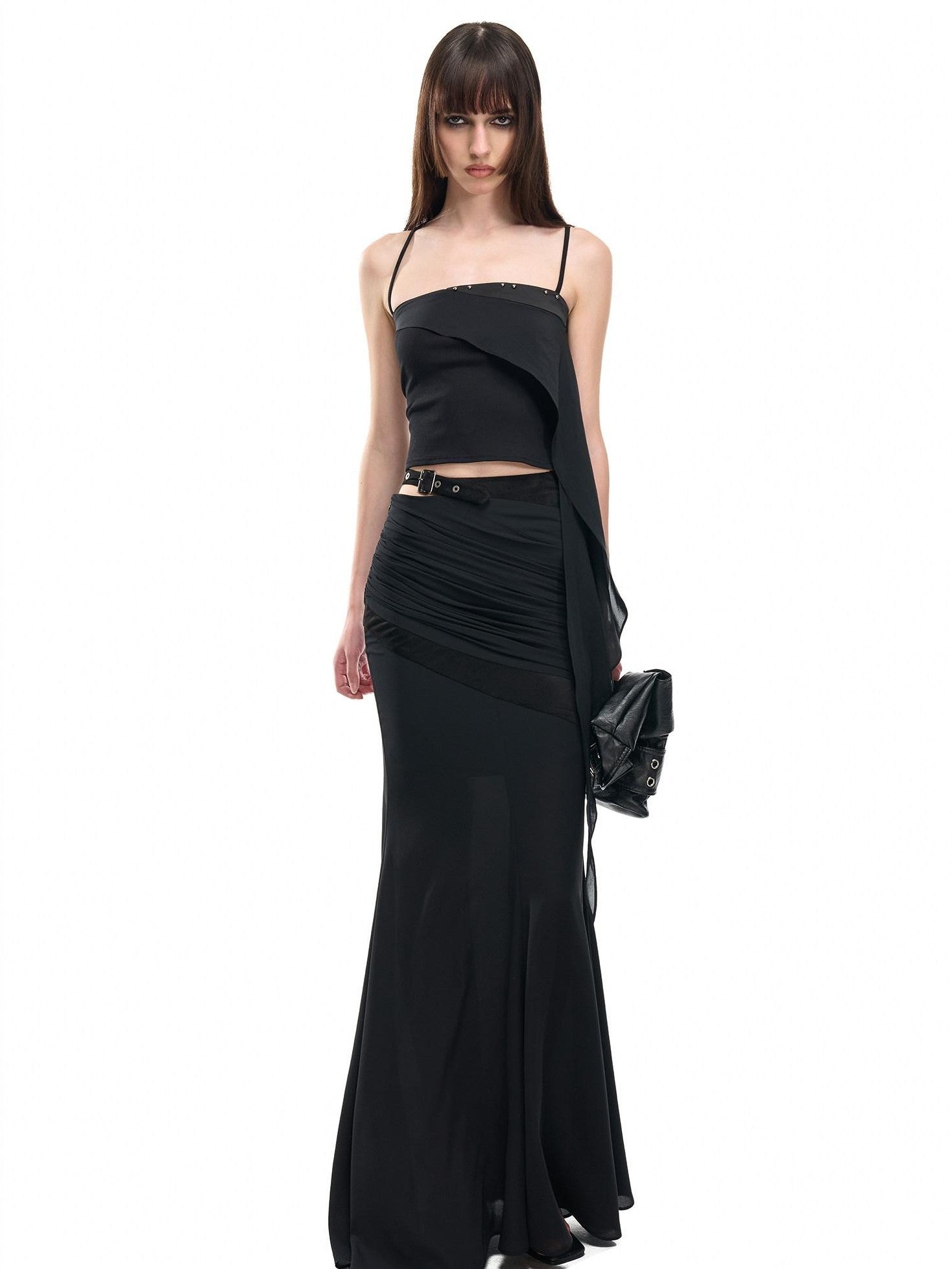NORTH NODE Floating Patchwork Studded Ruffle Trim Spaghetti Strap Women&