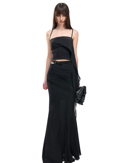 NORTH NODE Floating Patchwork Studded Ruffle Trim Spaghetti Strap Women&