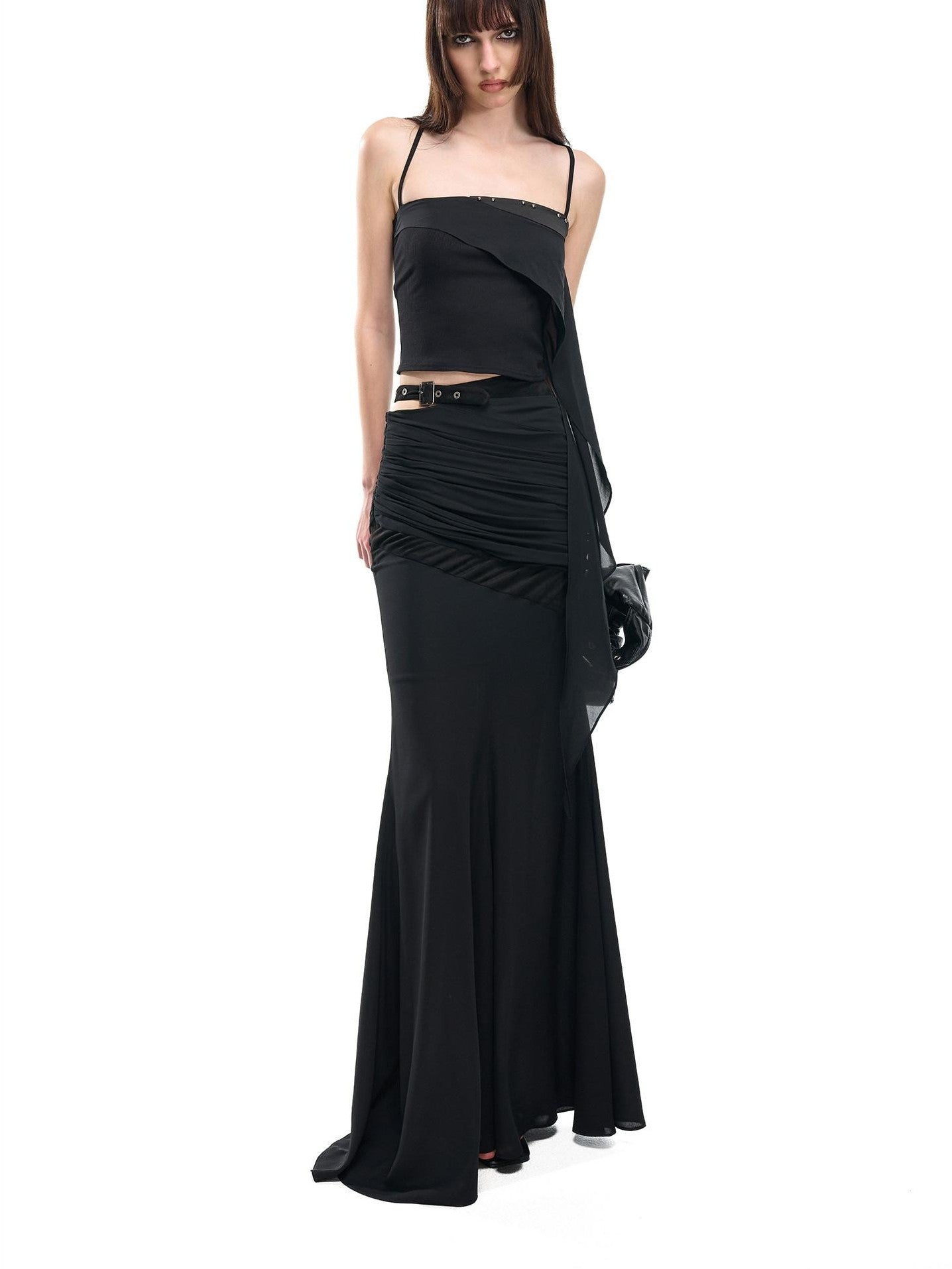 NORTH NODE Floating Patchwork Studded Ruffle Trim Spaghetti Strap Women&