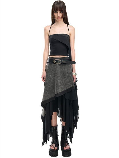 NORTH NODE Floating Patchwork Studded Ruffle Trim Spaghetti Strap Women&