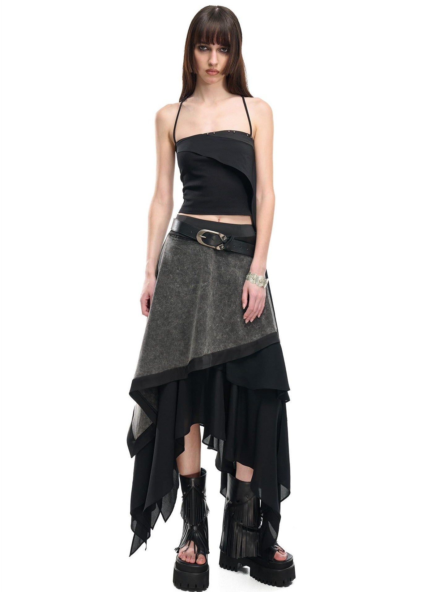 NORTH NODE Floating Patchwork Studded Ruffle Trim Spaghetti Strap Women&