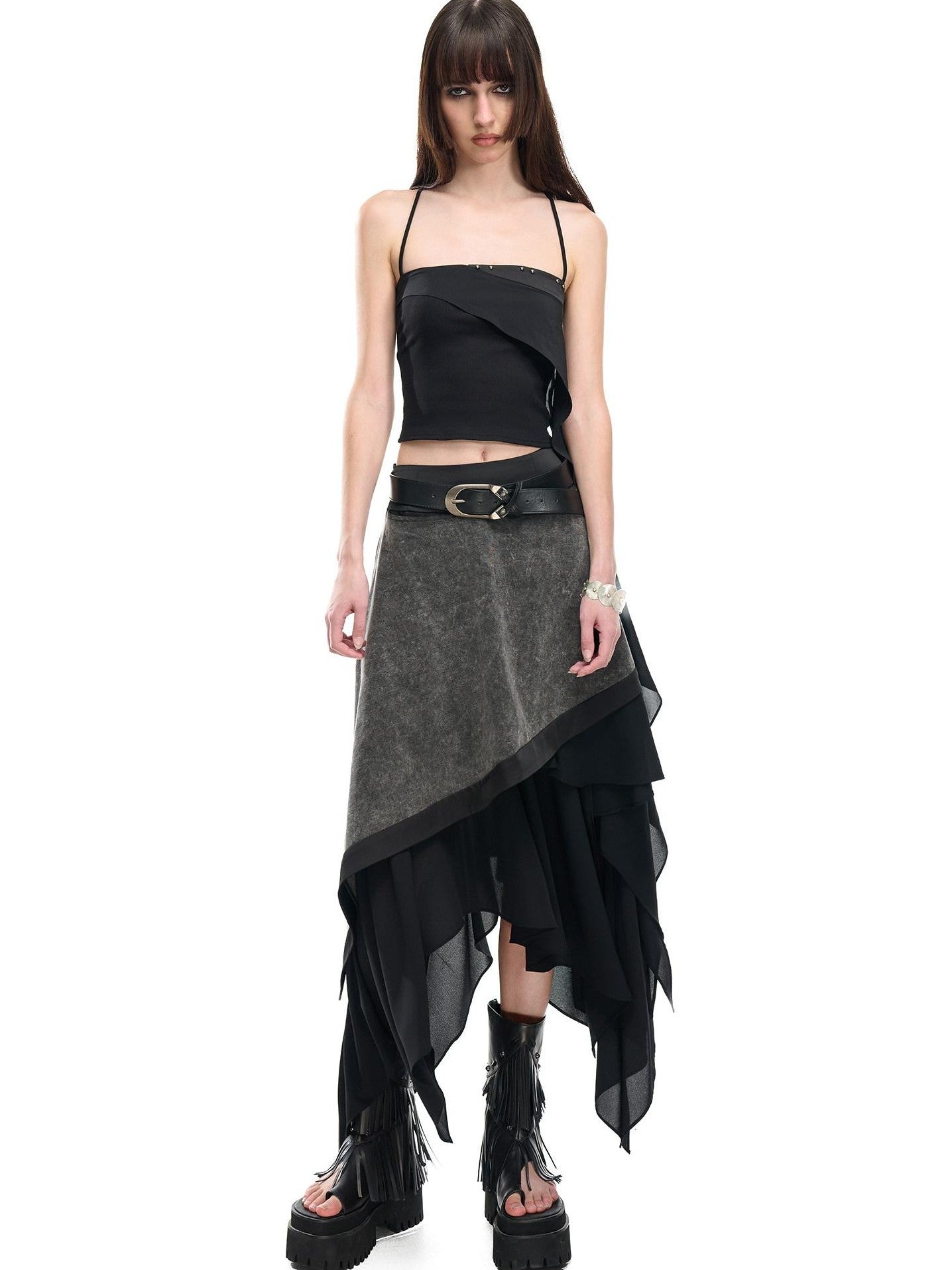 NORTH NODE Floating Patchwork Studded Ruffle Trim Spaghetti Strap Women&