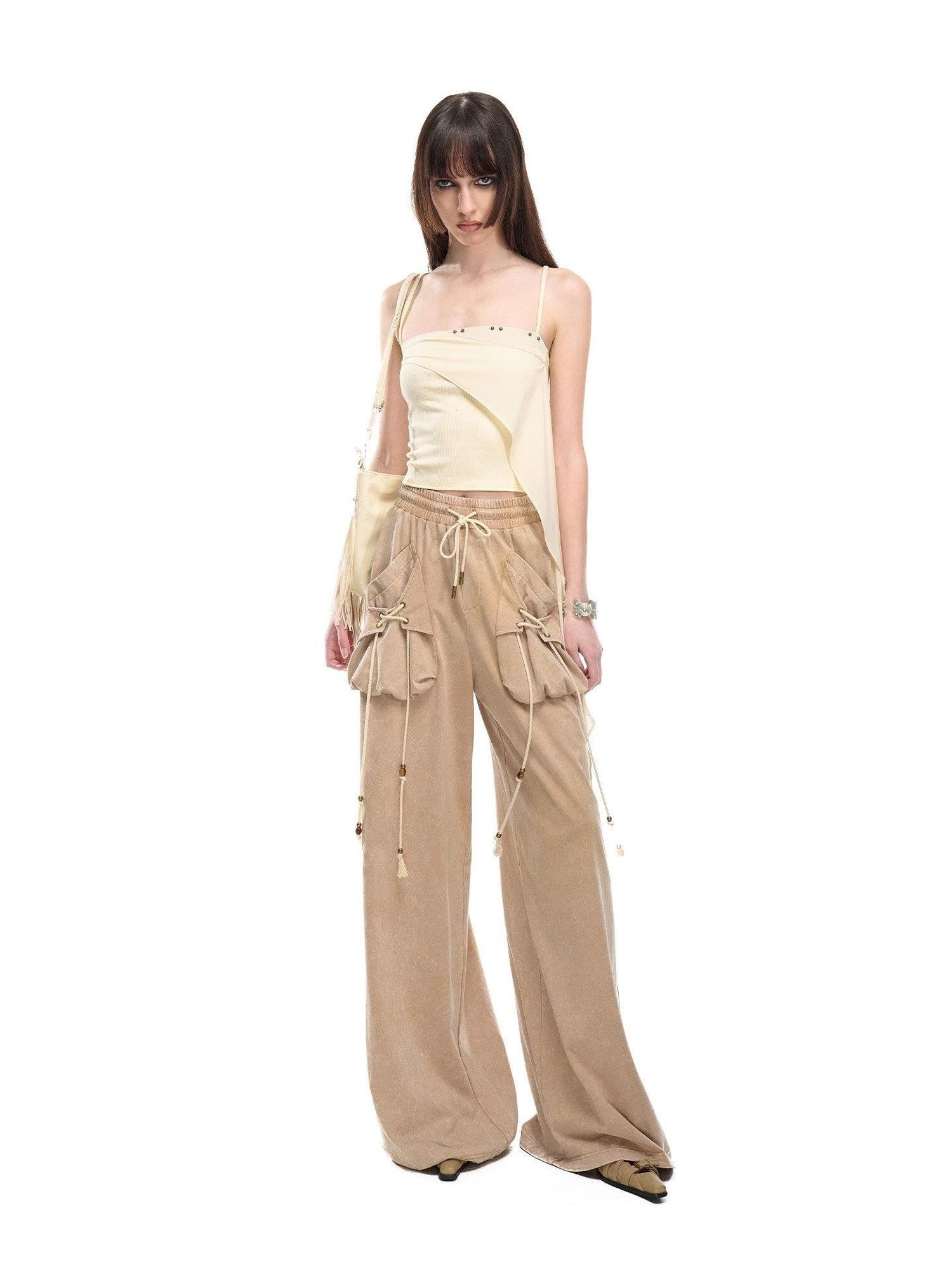 NORTH NODE Floating Patchwork Studded Ruffle Trim Spaghetti Strap Women&