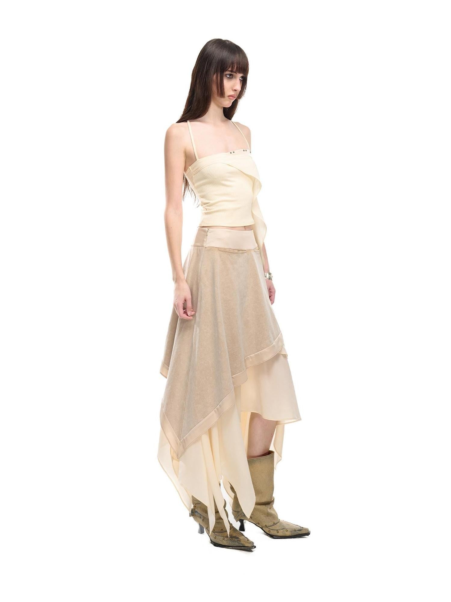 NORTH NODE Floating Patchwork Studded Ruffle Trim Spaghetti Strap Women&