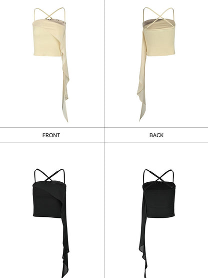 NORTH NODE Floating Patchwork Studded Ruffle Trim Spaghetti Strap Women&