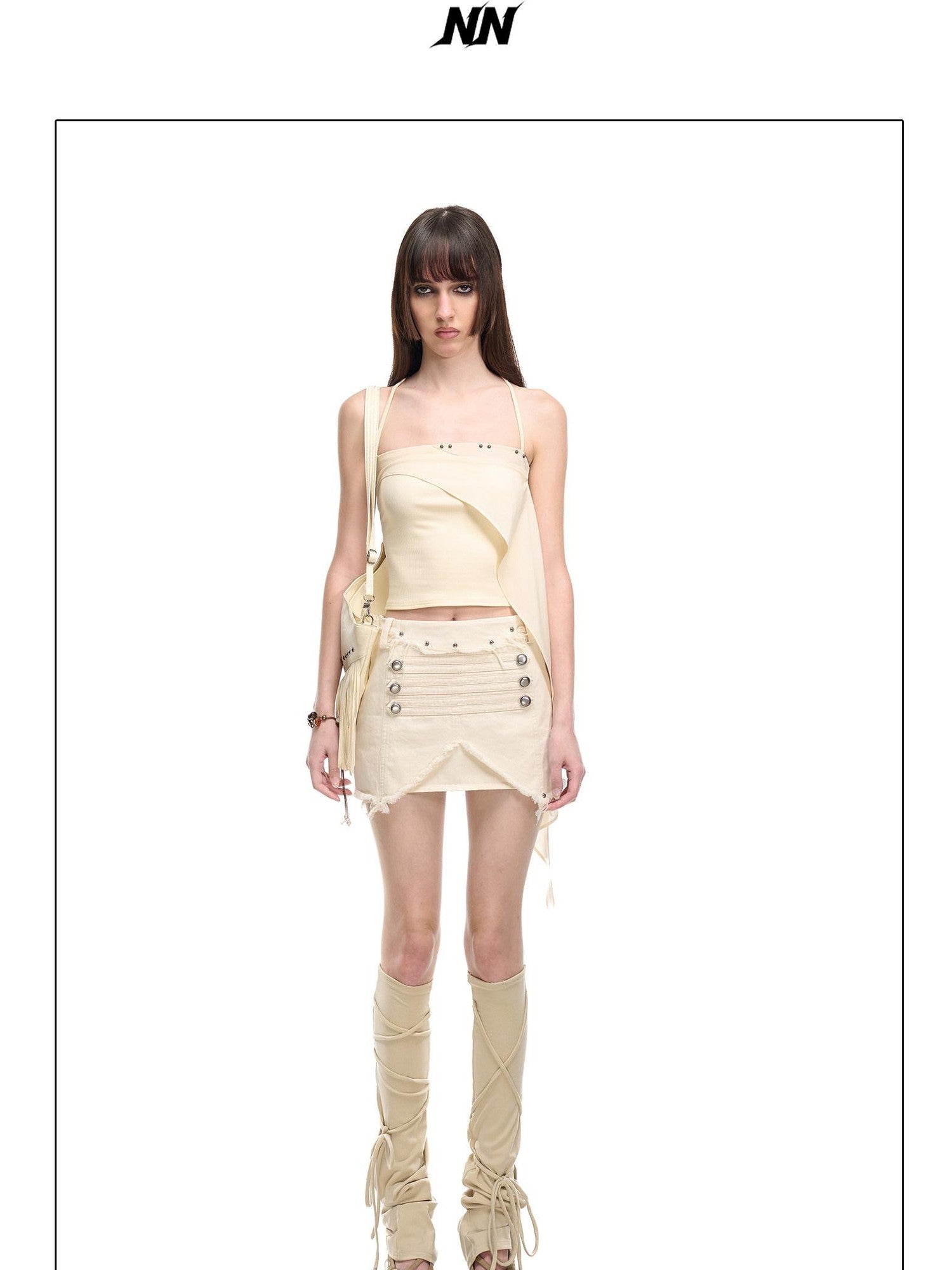 NORTH NODE Floating Patchwork Studded Ruffle Trim Spaghetti Strap Women&