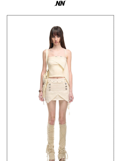 NORTH NODE Floating Patchwork Studded Ruffle Trim Spaghetti Strap Women&
