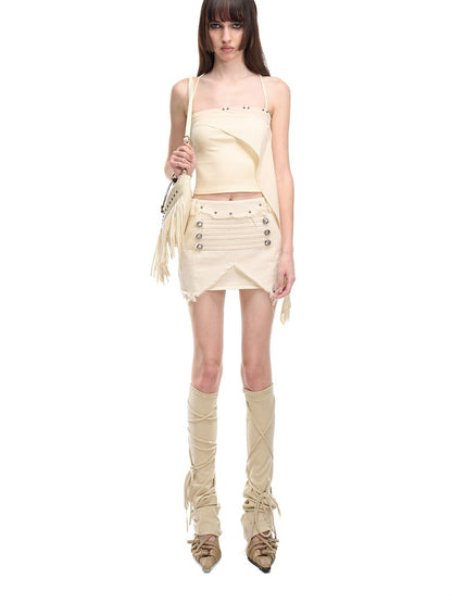 NORTH NODE Floating Patchwork Studded Ruffle Trim Spaghetti Strap Women&