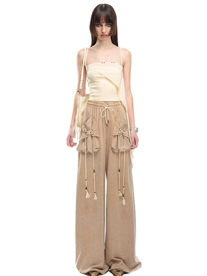 NORTH NODE Floating Patchwork Studded Ruffle Trim Spaghetti Strap Women&