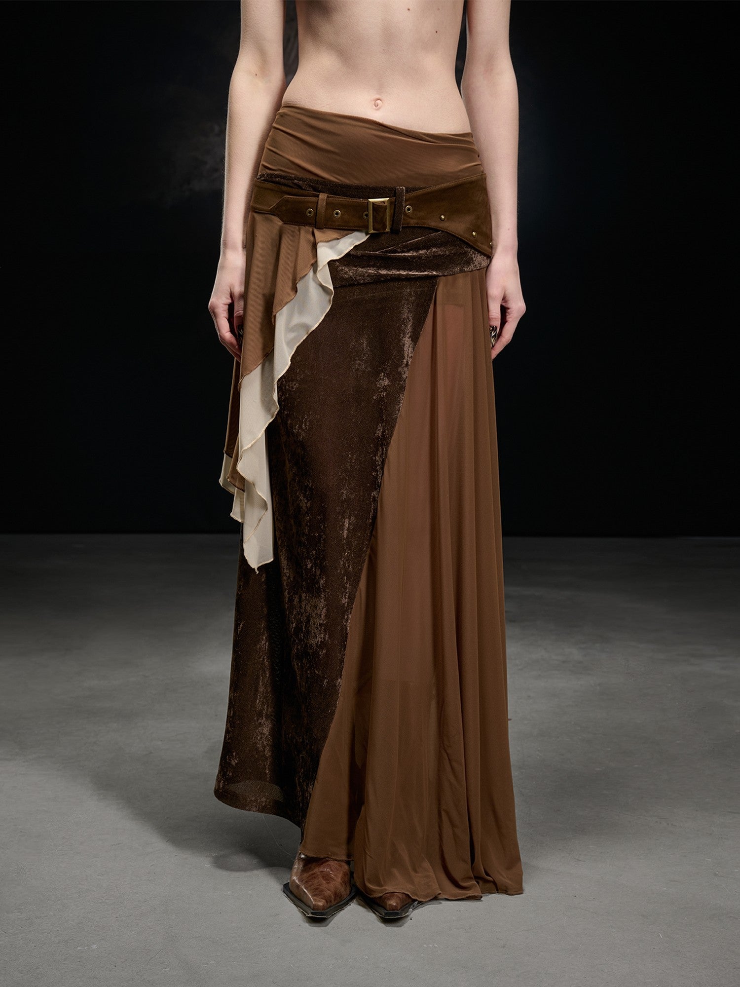 NORTH NODE Flocked Mesh Patchwork Asymmetrical Ruffle Women&