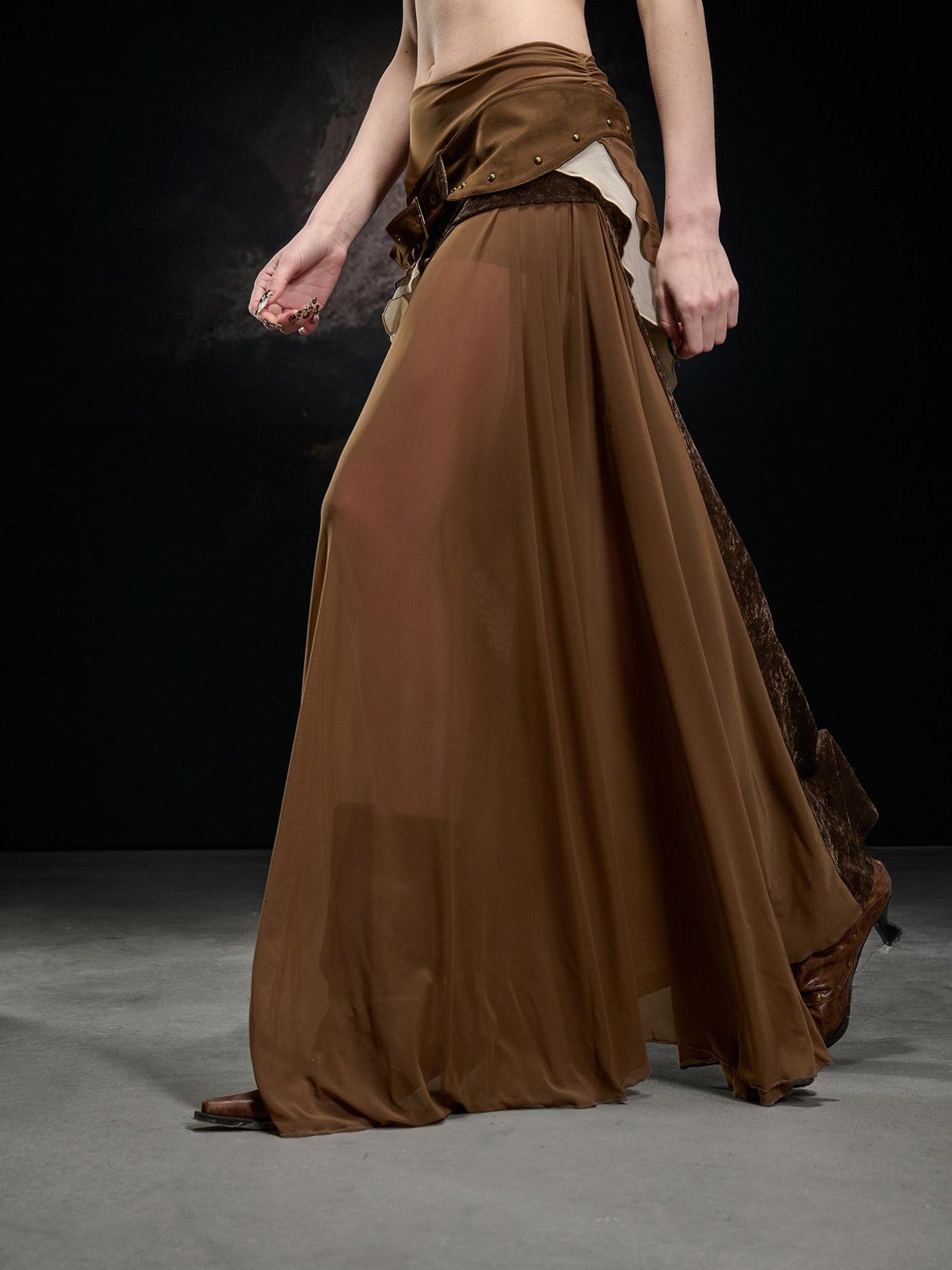 NORTH NODE Flocked Mesh Patchwork Asymmetrical Ruffle Women&