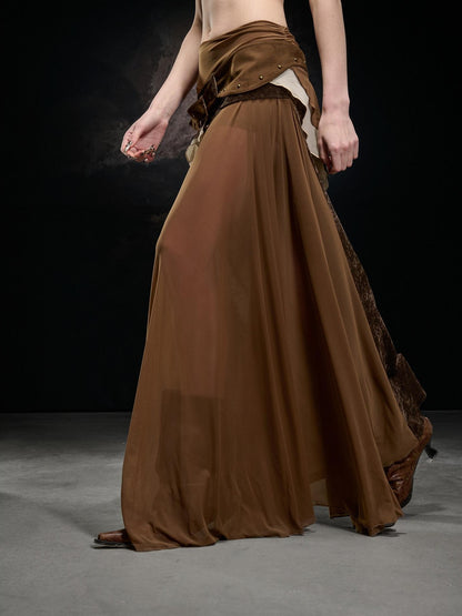 NORTH NODE Flocked Mesh Patchwork Asymmetrical Ruffle Women&