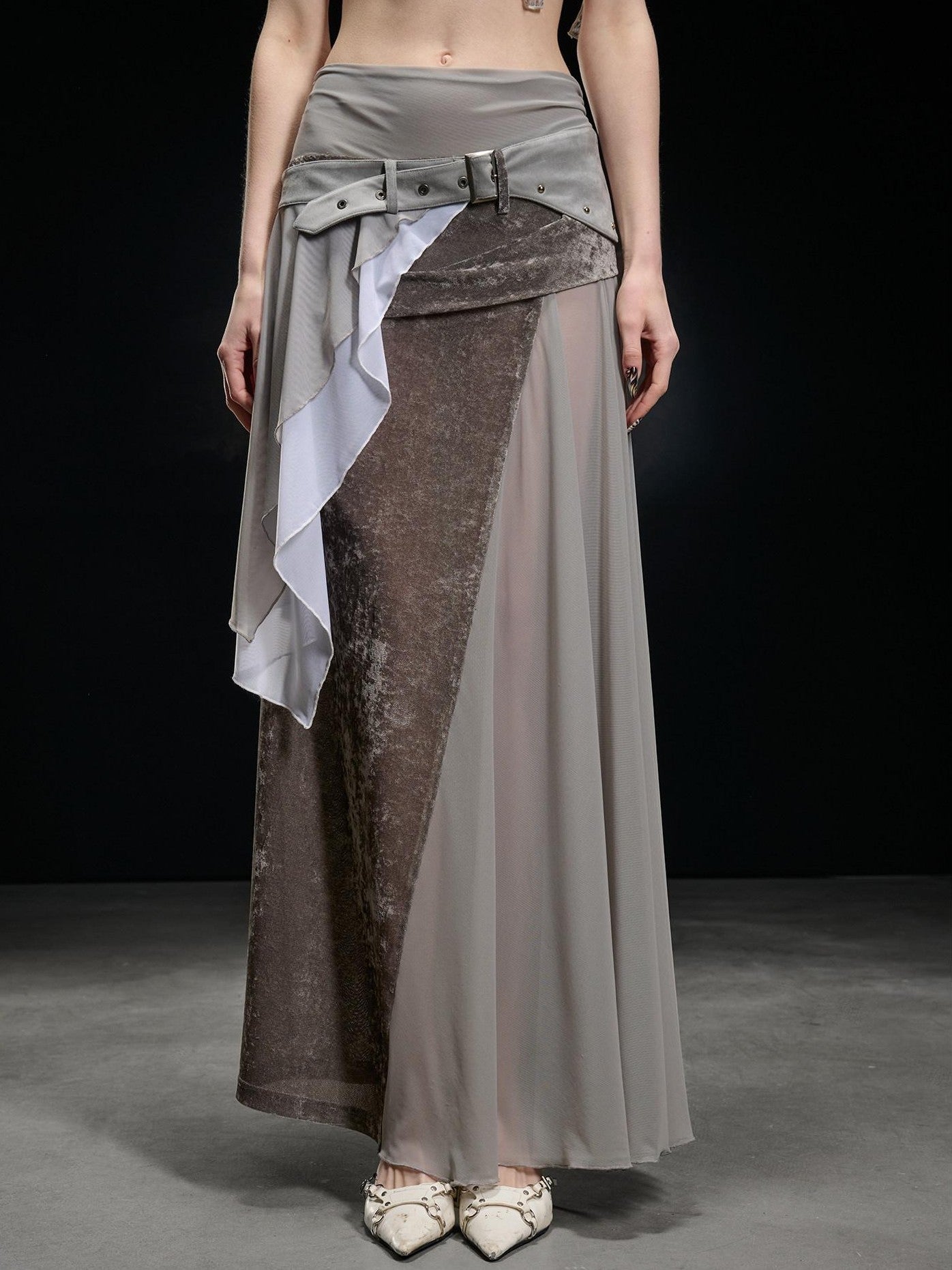 NORTH NODE Flocked Mesh Patchwork Asymmetrical Ruffle Women&