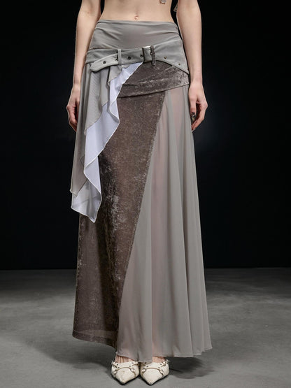 NORTH NODE Flocked Mesh Patchwork Asymmetrical Ruffle Women&