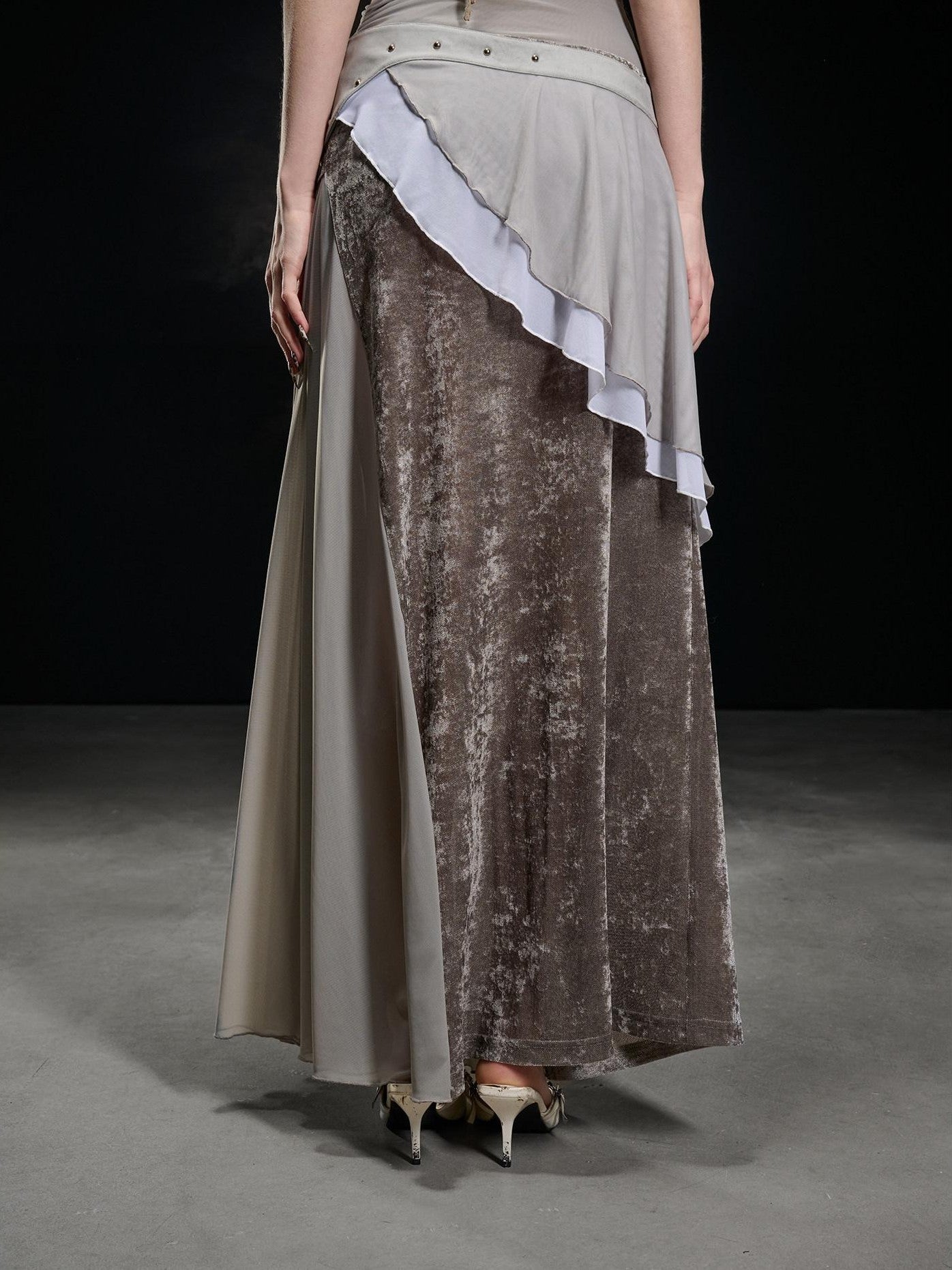 NORTH NODE Flocked Mesh Patchwork Asymmetrical Ruffle Women&