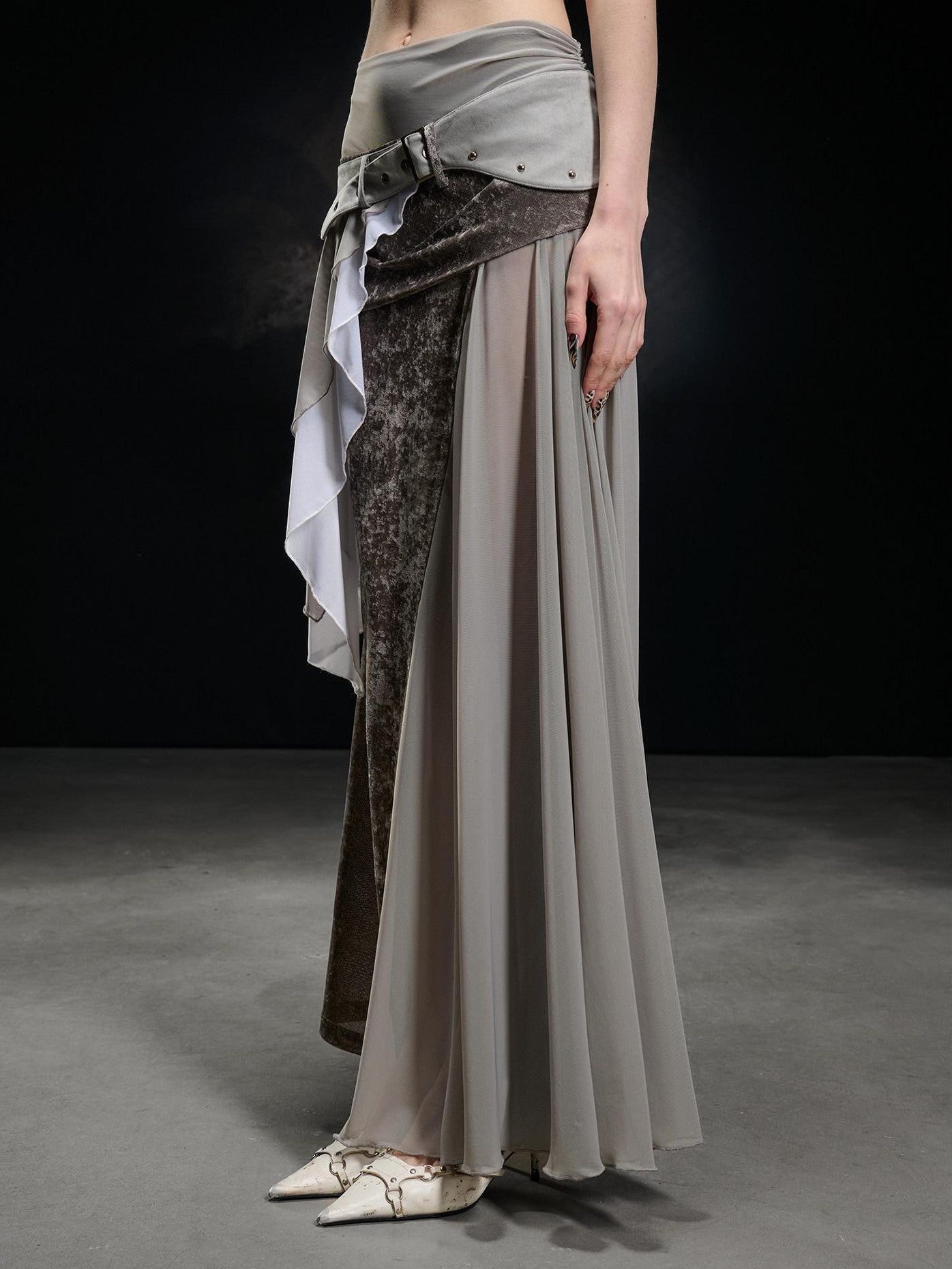 NORTH NODE Flocked Mesh Patchwork Asymmetrical Ruffle Women&
