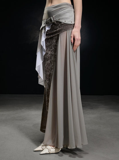 NORTH NODE Flocked Mesh Patchwork Asymmetrical Ruffle Women&