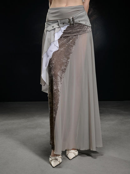NORTH NODE Flocked Mesh Patchwork Asymmetrical Ruffle Women&