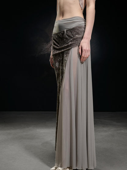 NORTH NODE Flocked Mesh Patchwork Asymmetrical Ruffle Women&