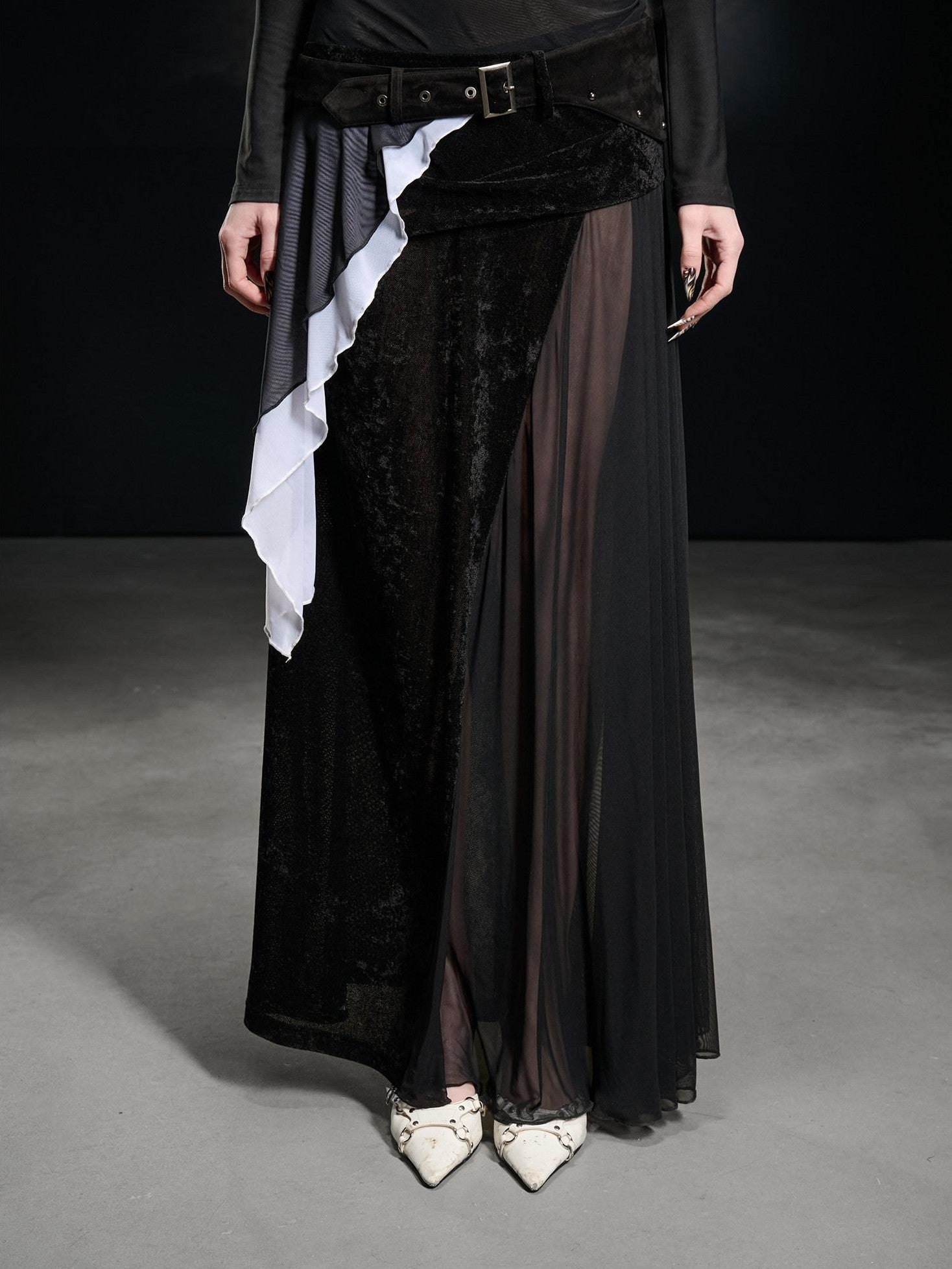 NORTH NODE Flocked Mesh Patchwork Asymmetrical Ruffle Women&